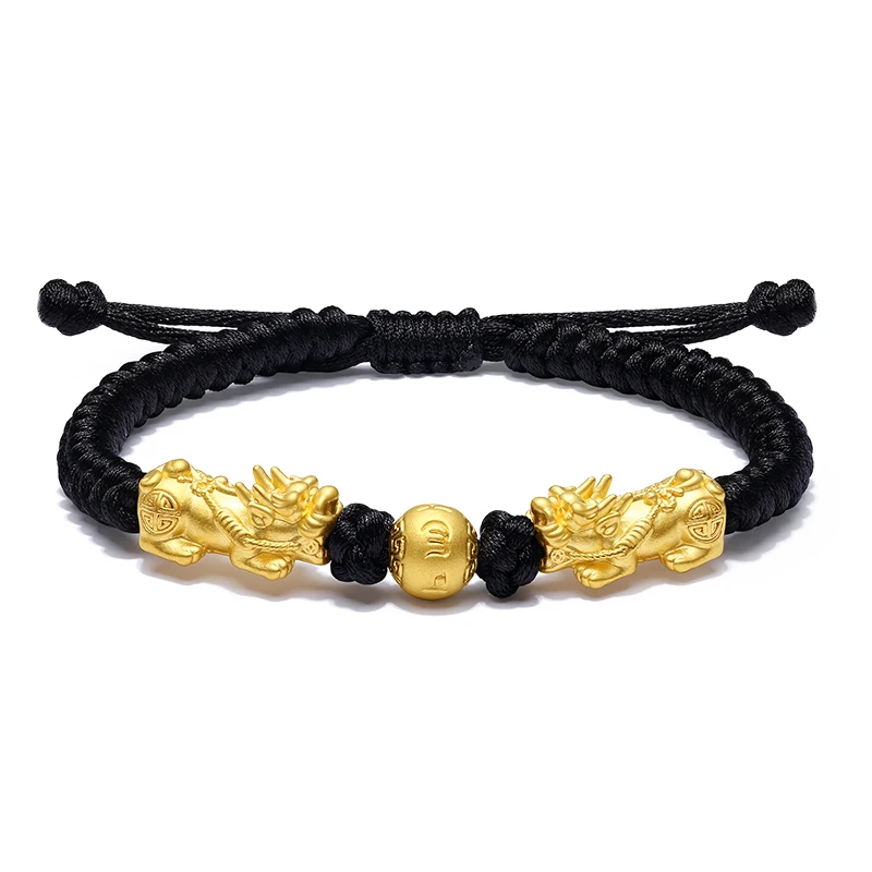 

Pure 999 24K Yellow Gold Men Women Lucky Dragon Son Bead Bracelet 2-2.3g