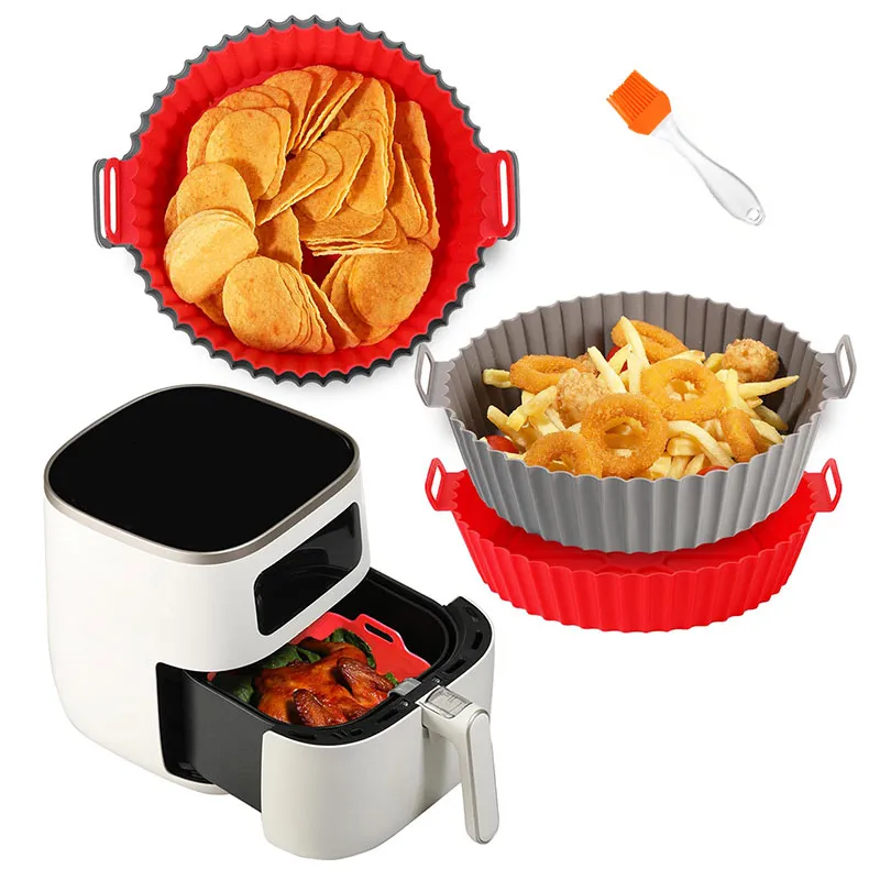 Air Fryer Silicone Liners Pot Basket Bowl Replacement of Flammable Parchment Paper Reusable Baking Tray Accessories with Brush