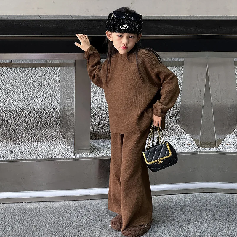 Girl Knitted Clothes Set Outfit Teenager Sweaters Wide Leg Pants Two Pieces Children kids Brown Suits 8 10 12 14 ensemble fille