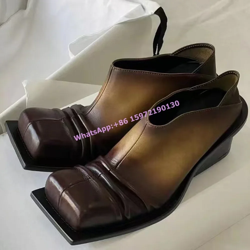 

Brown Pleated Ankle Boots Square Toe Chunky Heels Slip On Gradient Brown Shoes Women's Fashion Thick Soled Patchwork Pumps 2025