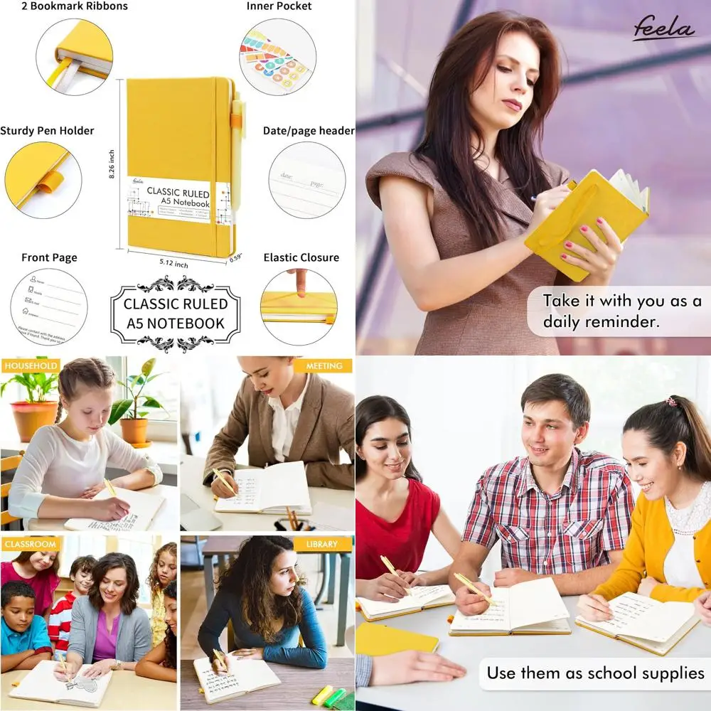 

Набор из 12 блокнотов формата А5 в твердом переплете с черными ручками, 120 GSM, 5,1x8,3, желтый, идеально подходит для школы, бизнеса, путешествий, письма