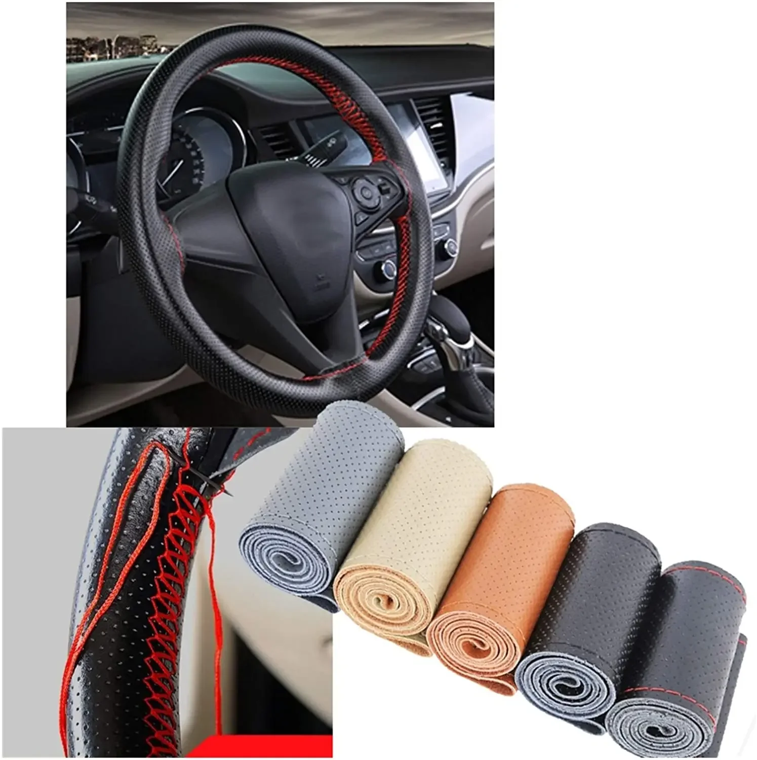 For 38Cm Car Steering Wheel Braid Cover Needle and Thread Artificial Leather Car Cover Kit DIY Texture Soft Car Accessories St