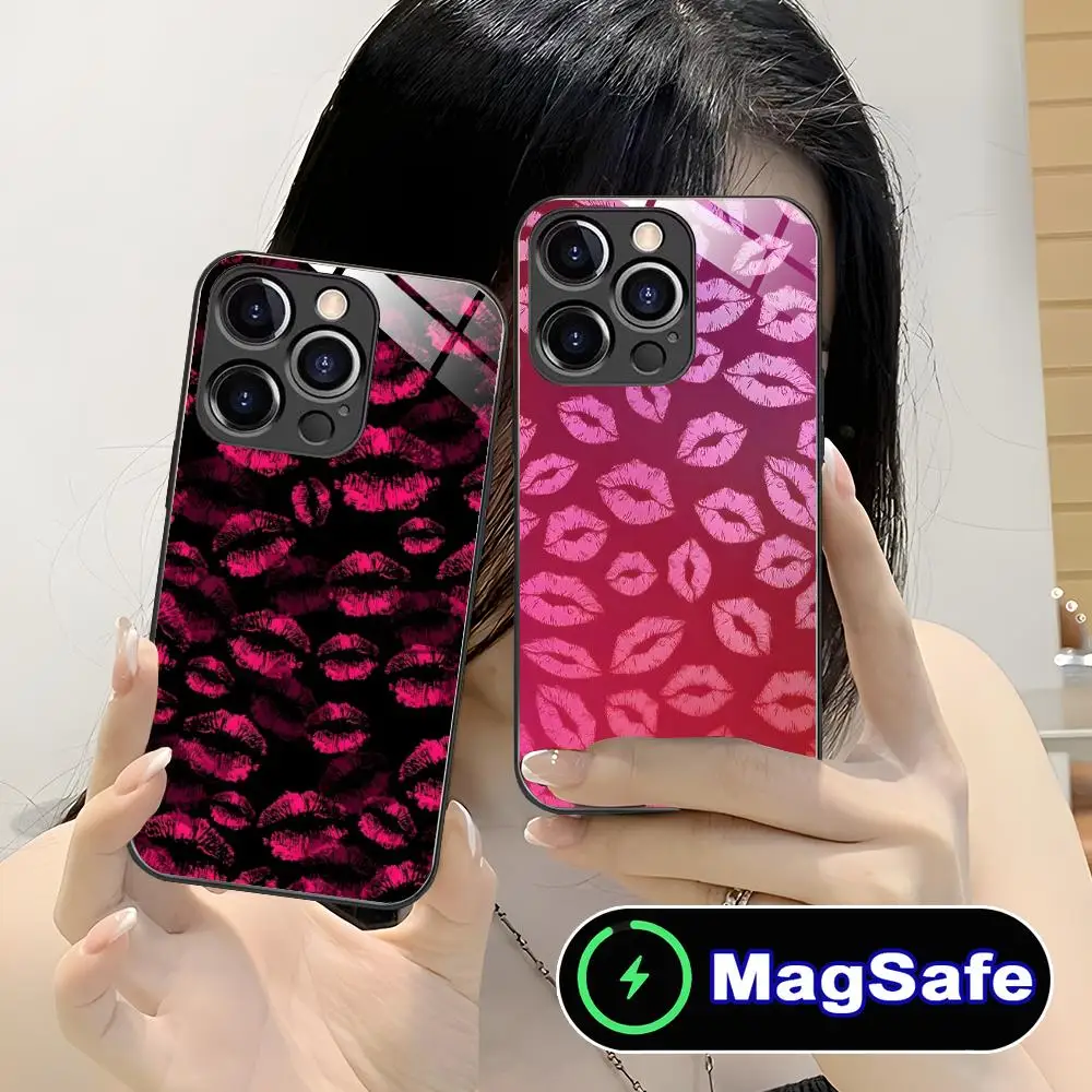 

Чехол для телефона Kiss Lips Cute для iPhone 17 16 15 14 13 12 11 Air Pro Max Plus Mini MagSafe, стеклянный, цветной, красивый чехол