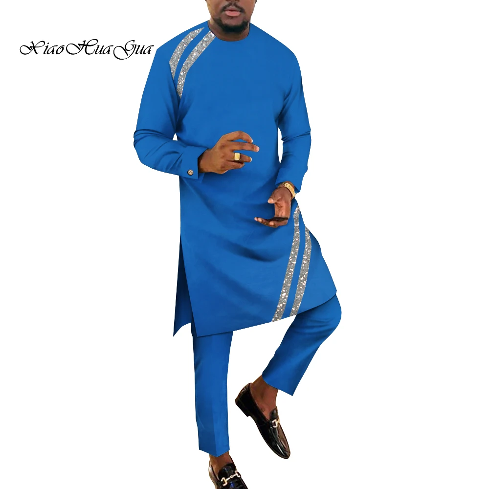 

African Clothing Men Suits Long Dashiki Top Shirts and Pants Sets African Clothes for Men Bazin Riche Men Outfits WYN1844