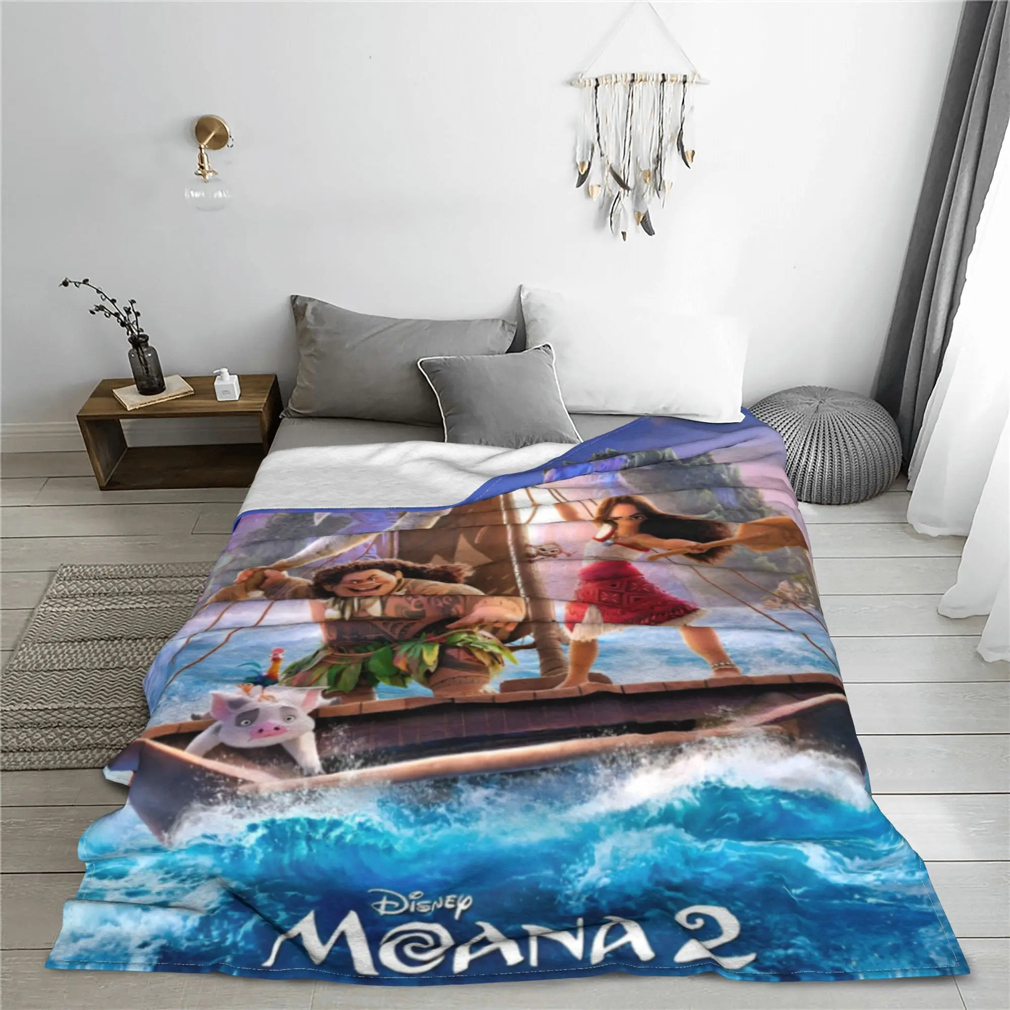 Moana 2 Maui Pua Heihei New Adventure Fleece Throw Blanket Cartoon Blankets for Sofa Travel Lightweight Quilt Multi-function