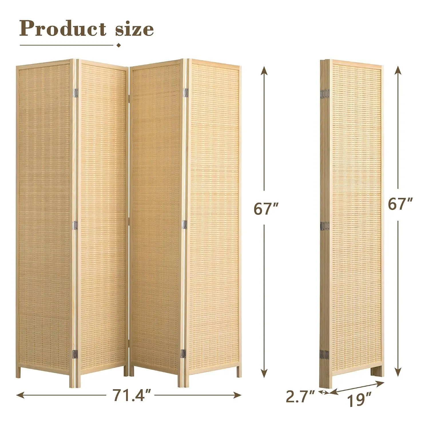 4 Panel Bamboo Room Divider, Folding Privacy Screen for Room Separation, Natural Wood Room Partitions and Dividers, Customized