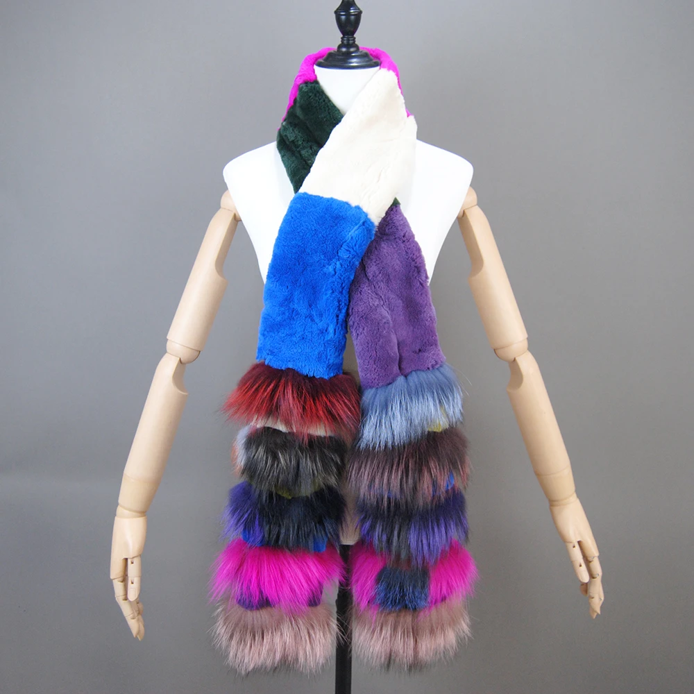 New Natural Soft Knitted Rex Rabbit Fur Scarf Women Winter Long Style Real Fur Muffler Lady Warm 100% Genuine Fox Fur Scarves