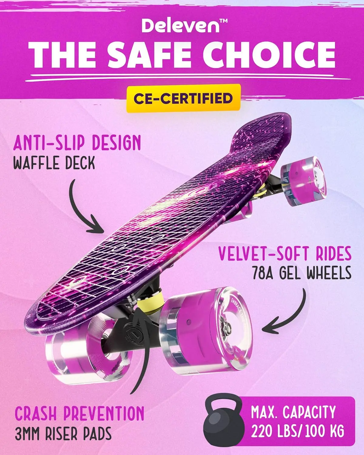 22" LED Skateboard with Tool, ABEC 7 Bearings - Mini Cruiser for Kids and Adults