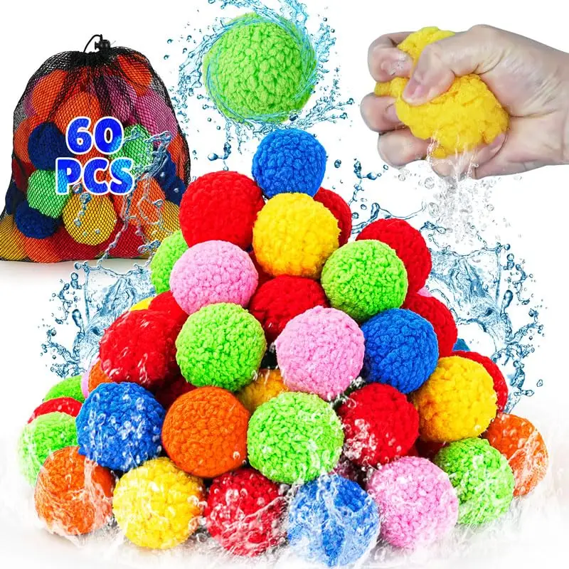 

60 Pcs Cotton Water Balls Reusable Water Balloons for Kids Outdoor Games Toy Summer Water Bombs Play Splash Balls for Pool Beach