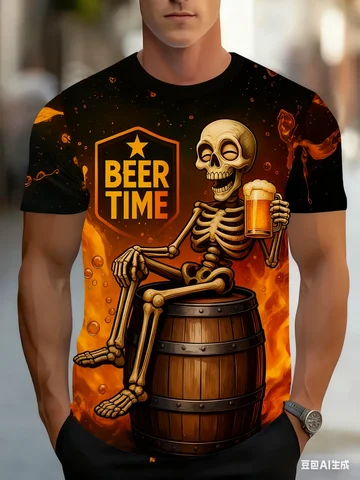 Funny Skull Printed Men's T-Shirts 3D Beer Pattern Short Sleeve Tops Summer Streetwear Casual O-neck Loose Tees Hip Hop Clothing