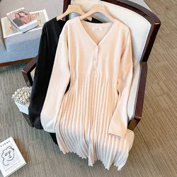 155Kg Plus Size Women's Bust 160 Spring Autumn New Loose V-Neck A-Line Sweater Dress Black Apricot 5XL 6XL 7XL 8XL 9XL 10XL