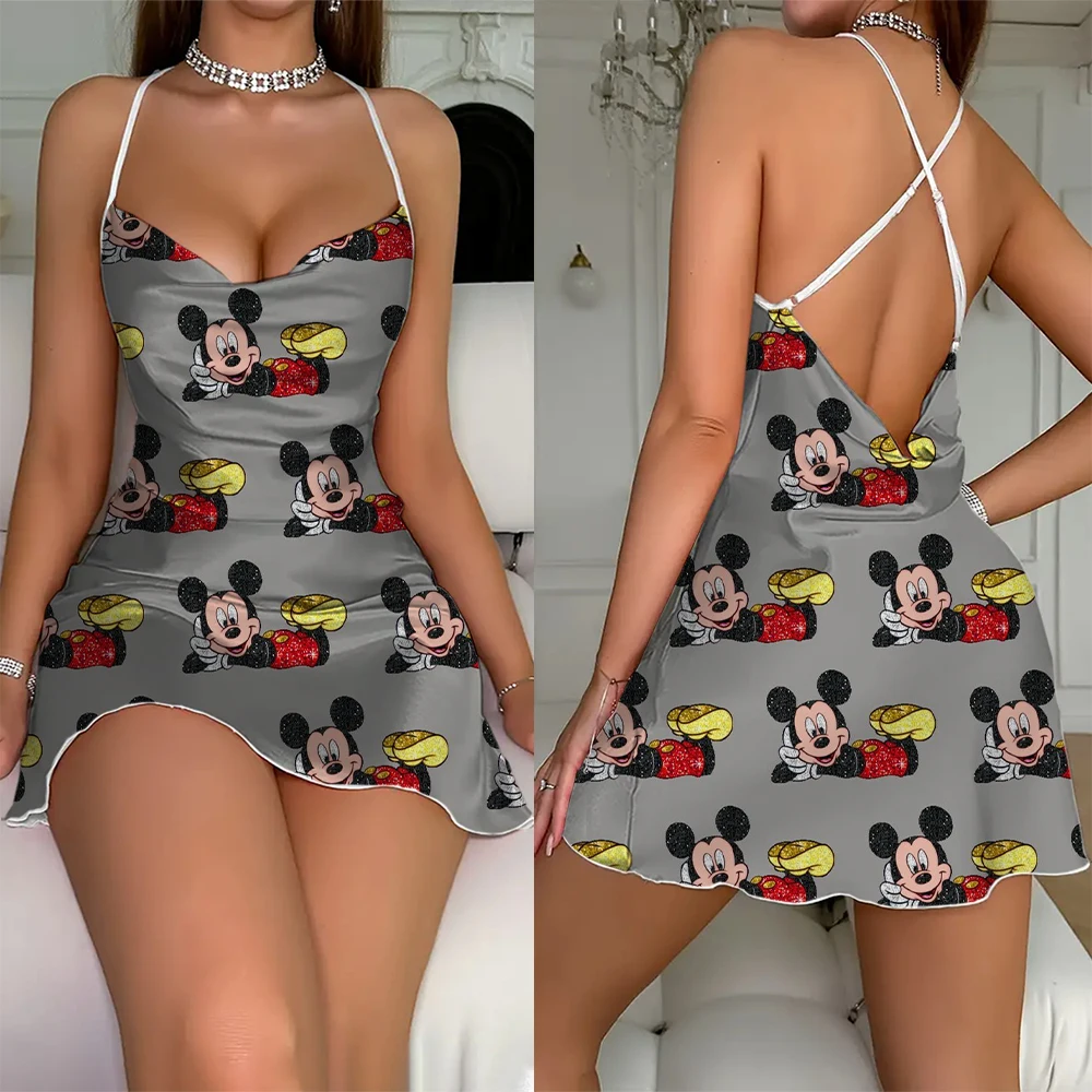 Gaun malam wanita seksi dan nyaman, Gaun malam punggung terbuka, piyama motif Disney, rok Mickey, musim panas, rumah nyaman