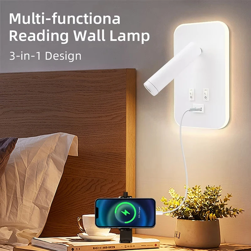مصباح حائط LED وإضاءة قراءة، شمعدانات جدارية متعددة الوظائف مع منفذ USB، مصباح حائط LED مع ضوء ليلي بجانب السرير لغرفة النوم