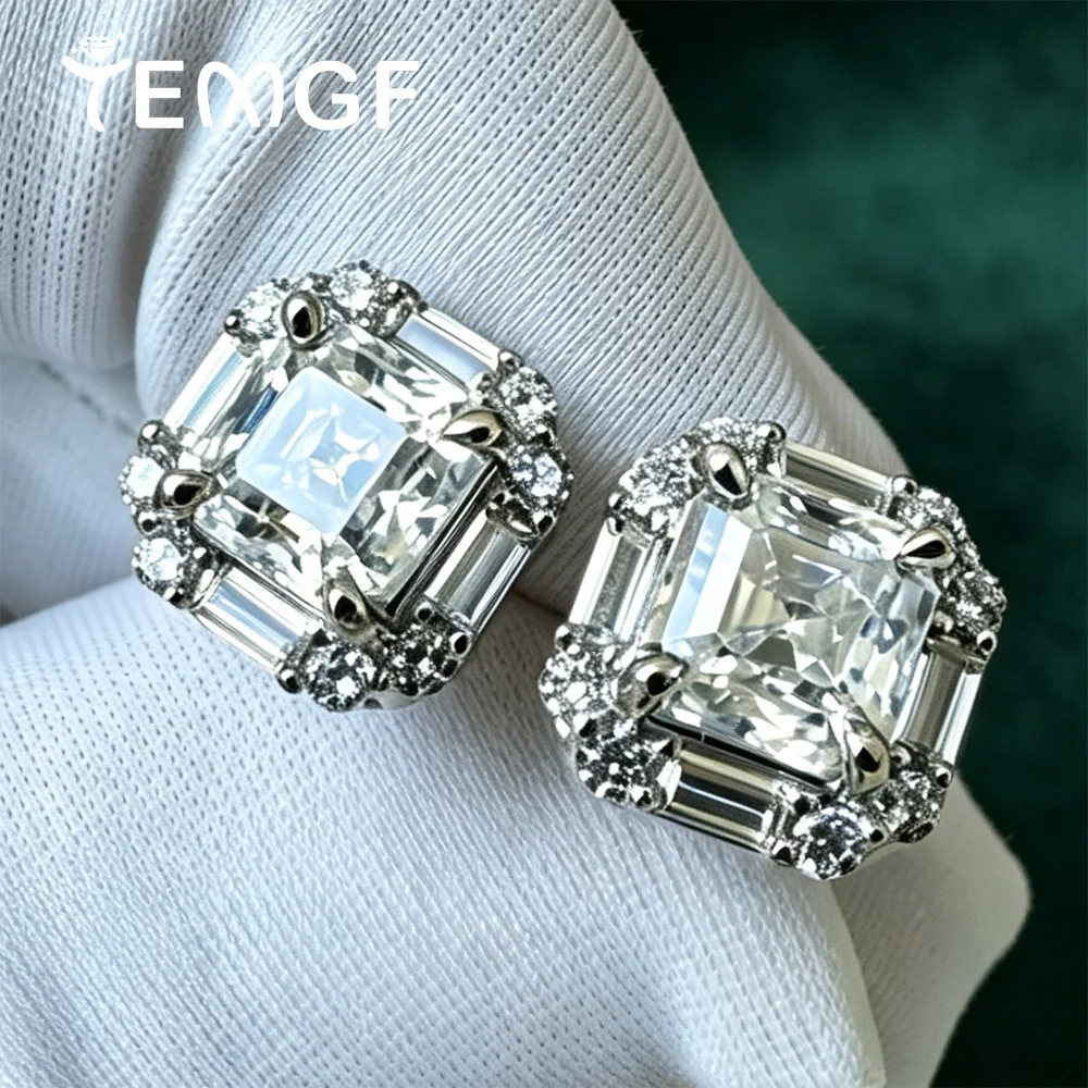 TEMGF 6mm Asscher Cut Moissanite Diamond Stud Earrings for Women 925 Sterling Silver Square Jewelry Anniversary Wedding Gifts