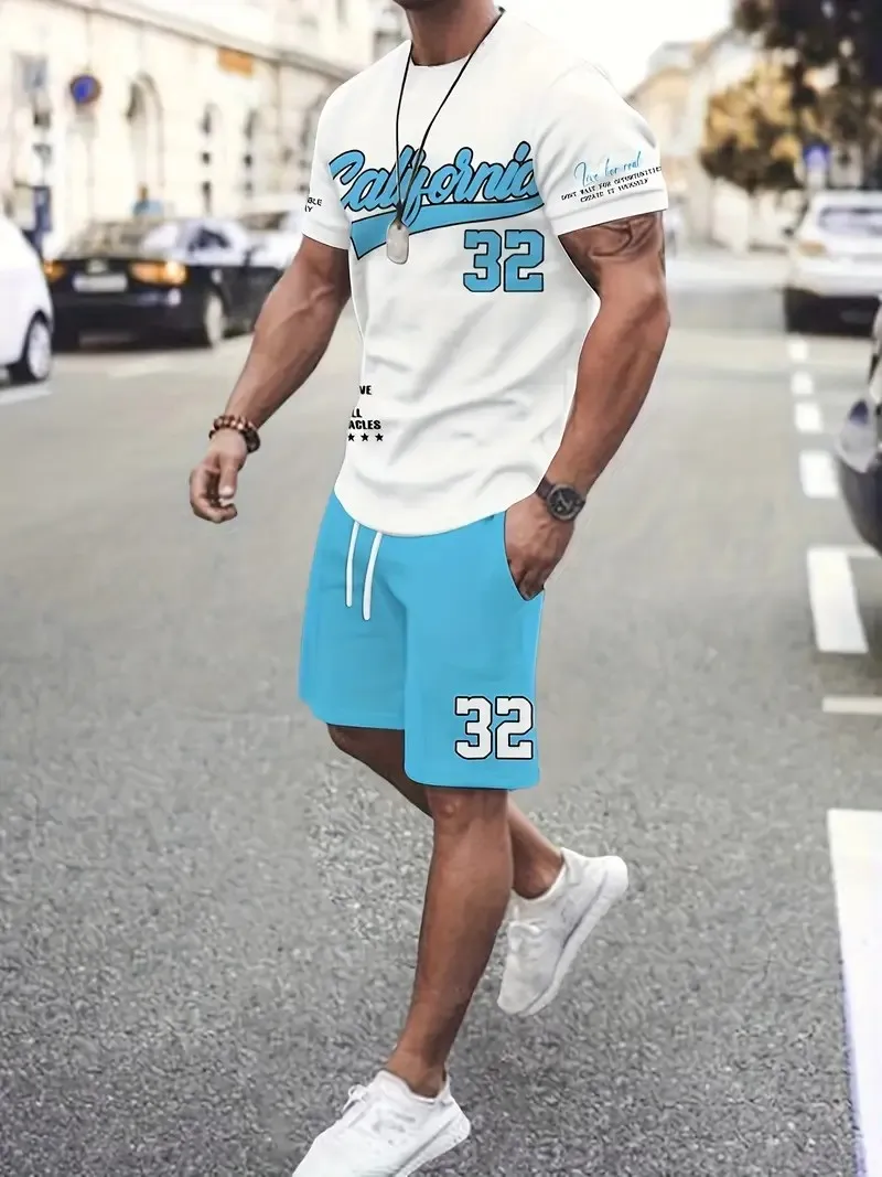 The 2025 summer new men's set features street fashion casual comfort softness breathability and 3D digital pattern printing