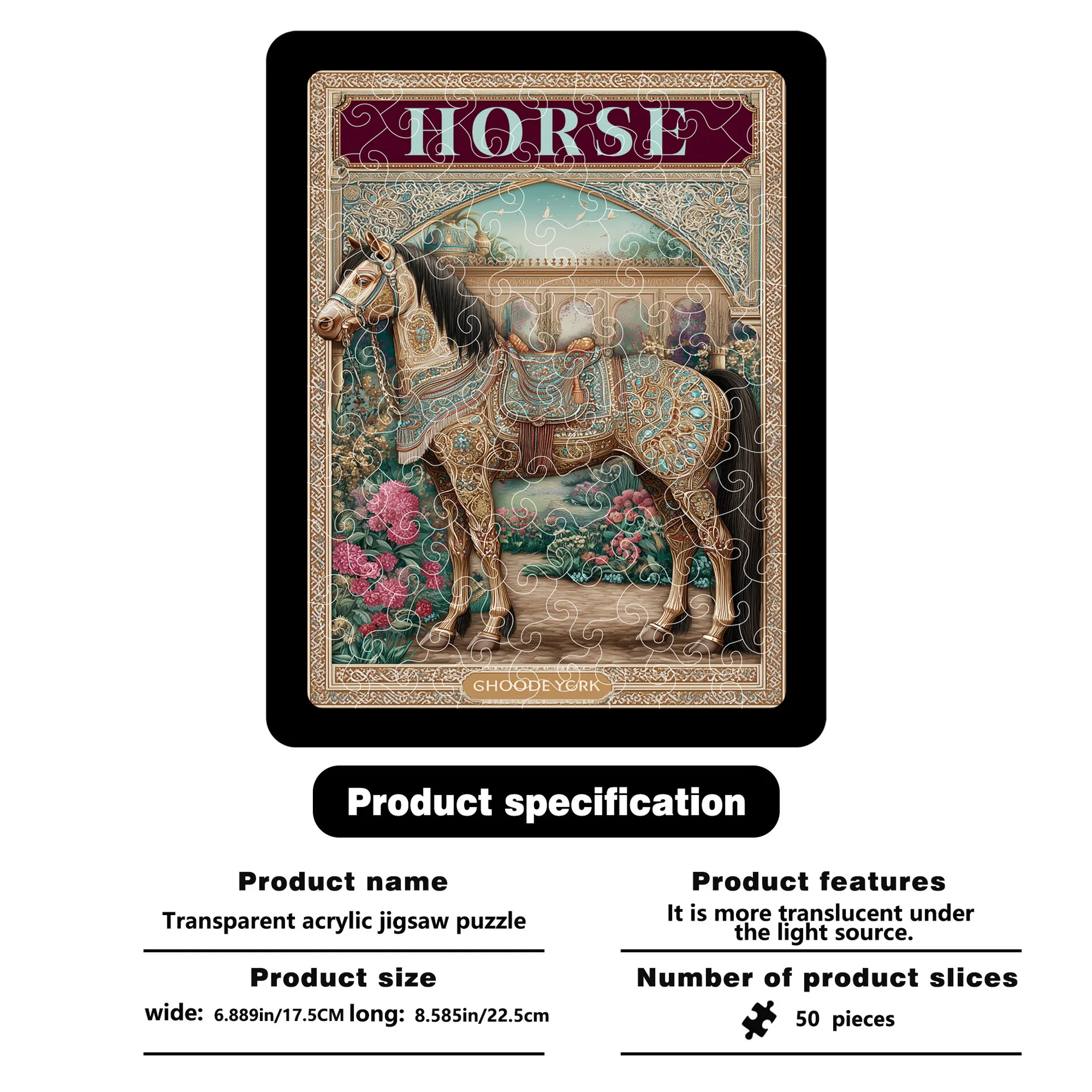 Vintage Carved Horse Acrylic Puzzle -Transparent Light Decorative Artwork Handmade DIY Jigsaw Ornament for Home Tabletop Display