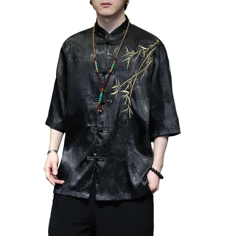 

Летняя вышитая рубашка-кардиган для мужчин из ледяного шелка, повседневная, свободная, с коротким рукавом, в стиле ретро, традиционный кунг-фу, мужской костюм Тан