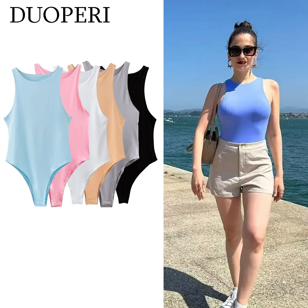 DUOPERI Women Fashion Multicolor Casual Elastic Bodysuit Round Neck Sleeveless Chic Lady Bodycon Sexy y2k Tops Swimwear Jumpsuit