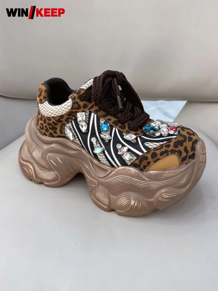 Women Height Increasing Sports Shoes Lace Up Leopard Print Breathable Spliced Mesh Crystal Personality Female Running Sneakers