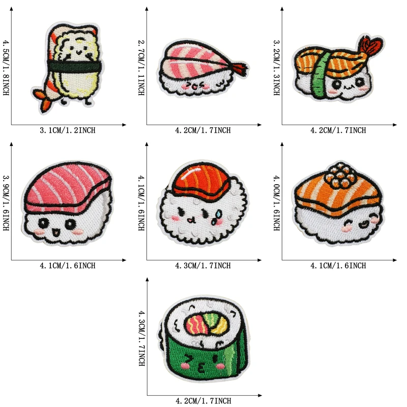 16 Stück Sushi-Essen-Aufnäher zum Aufbügeln für Kleidung, Lachs, Kinder, bestickte Aufkleber, Stoffaufnäher, Cartoon-Motive, Jacken, Nähen, DIY – Detail 2