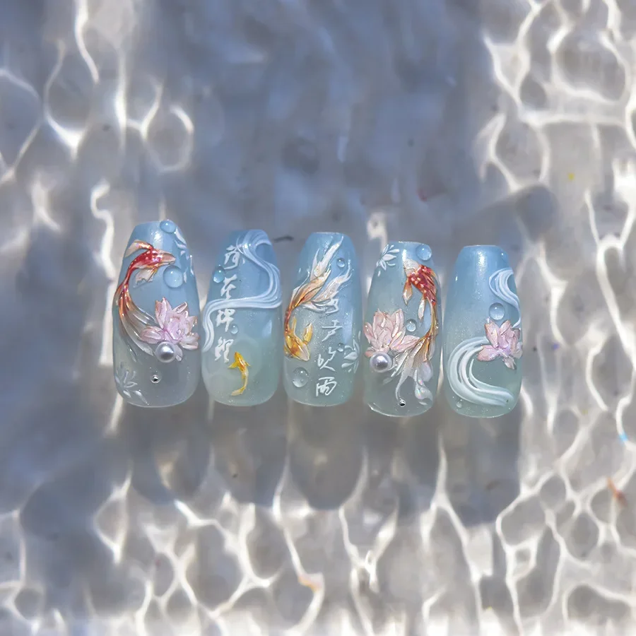 Cute Koi Lotus Flower Goldfish Summer Beach Sea Carp Fish Colorful Dolphin Mermaid Soft Relief Nail Art Stickers Manicure decalcomanie