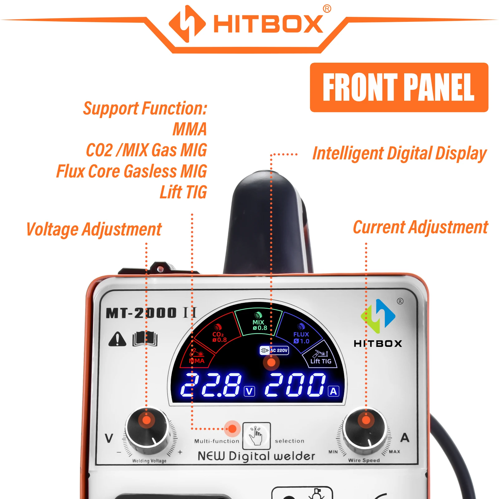 HITBOX-Machine à souder MIG MT2000II 4 en 1, sans gaz, CO2, avec protection contre le gaz, tension unique 220V ~ 240V MMA Lift TIG