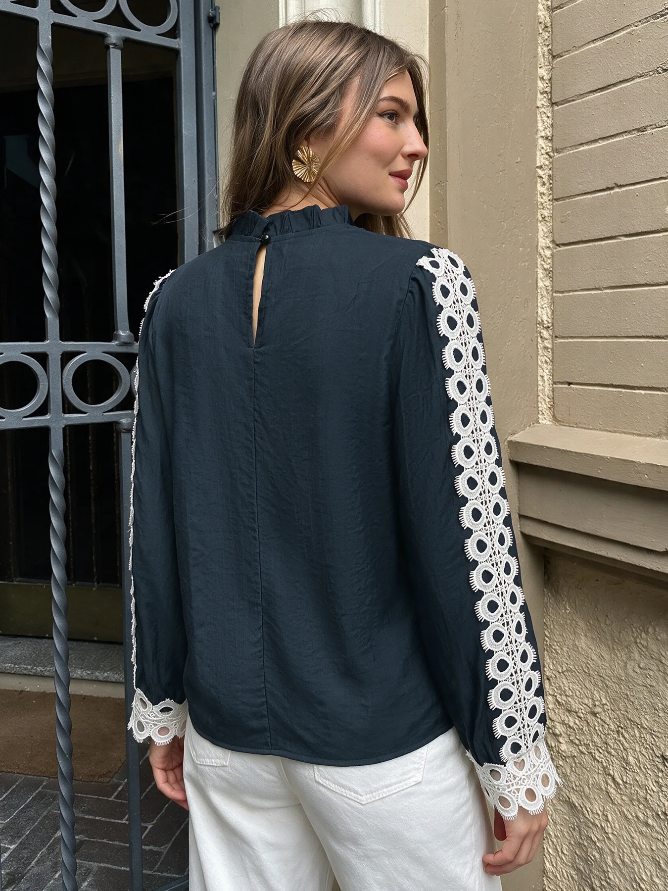 Women’s Lace Blouse, High Neck Long Sleeve Loose Fit Top with Crochet Lace Applique, Casual Shirt, 2026 Autumn
