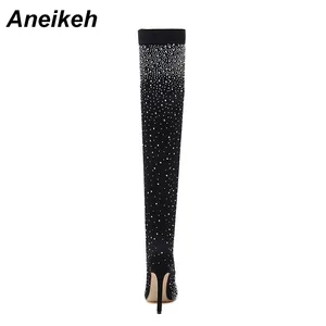 Aneikeh sexy salto alto meia sobre o joelho botas dedo do pé apontado design cristal strass tecido elástico pólo dança sapatos femininos 8 principais vendas sapato feito de cristal - №7