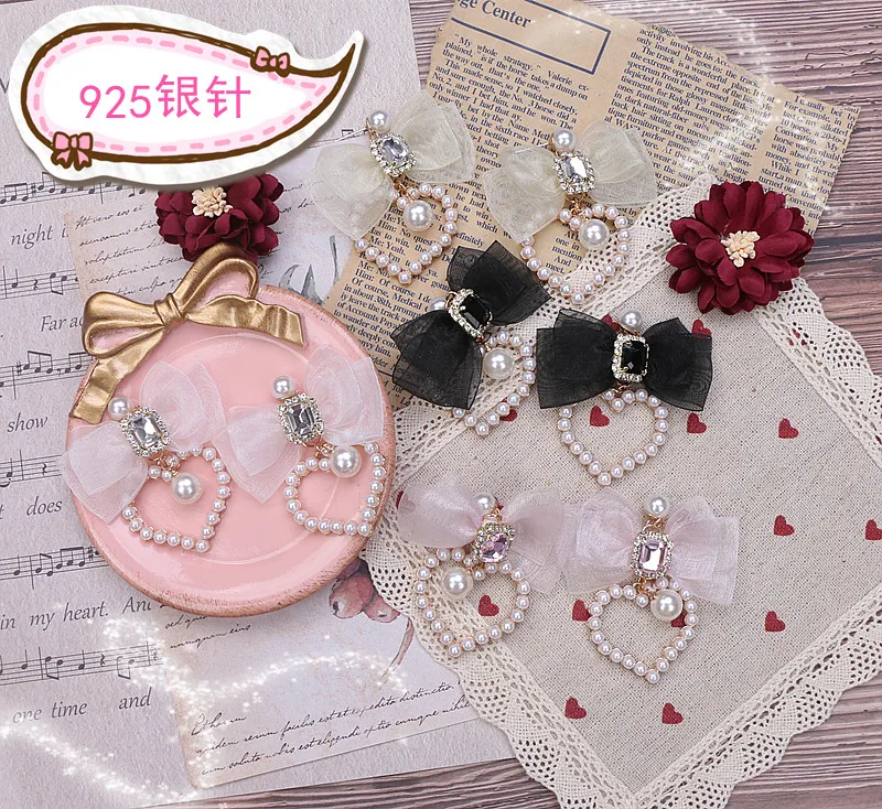 Pendientes de accesorios Lolita de estilo veraniego con Clips para sin perforación, pendientes hechos a mano con lazo suave, agujas de plata Larme Kei