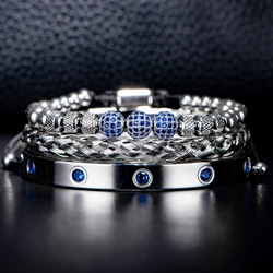 Luxury Micro Pave Blue CZ Crown Royal Charm Men Lace-up Bracelets Stainless Steel Crystals Bangles Set Couple Handmade Jewelry