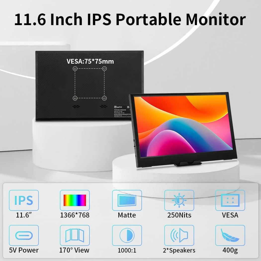11.6 Inch IPS Portable Monitor HD 1366×768 72%sRGB Come with Type-C Mini HDMI Plug and Play External Display for Laptop Phone