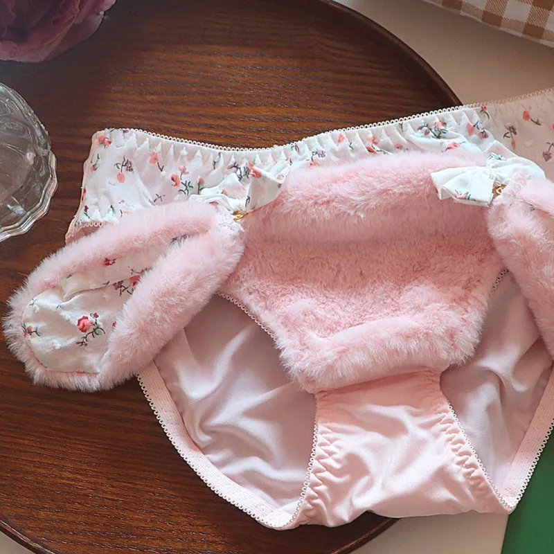 Velvet Rabbit Ears Bow Cute Plush Underwear Lolita Women Sweet Girl Warm Panties Women's Pure Cotton Crotch Middle Waist Briefs
