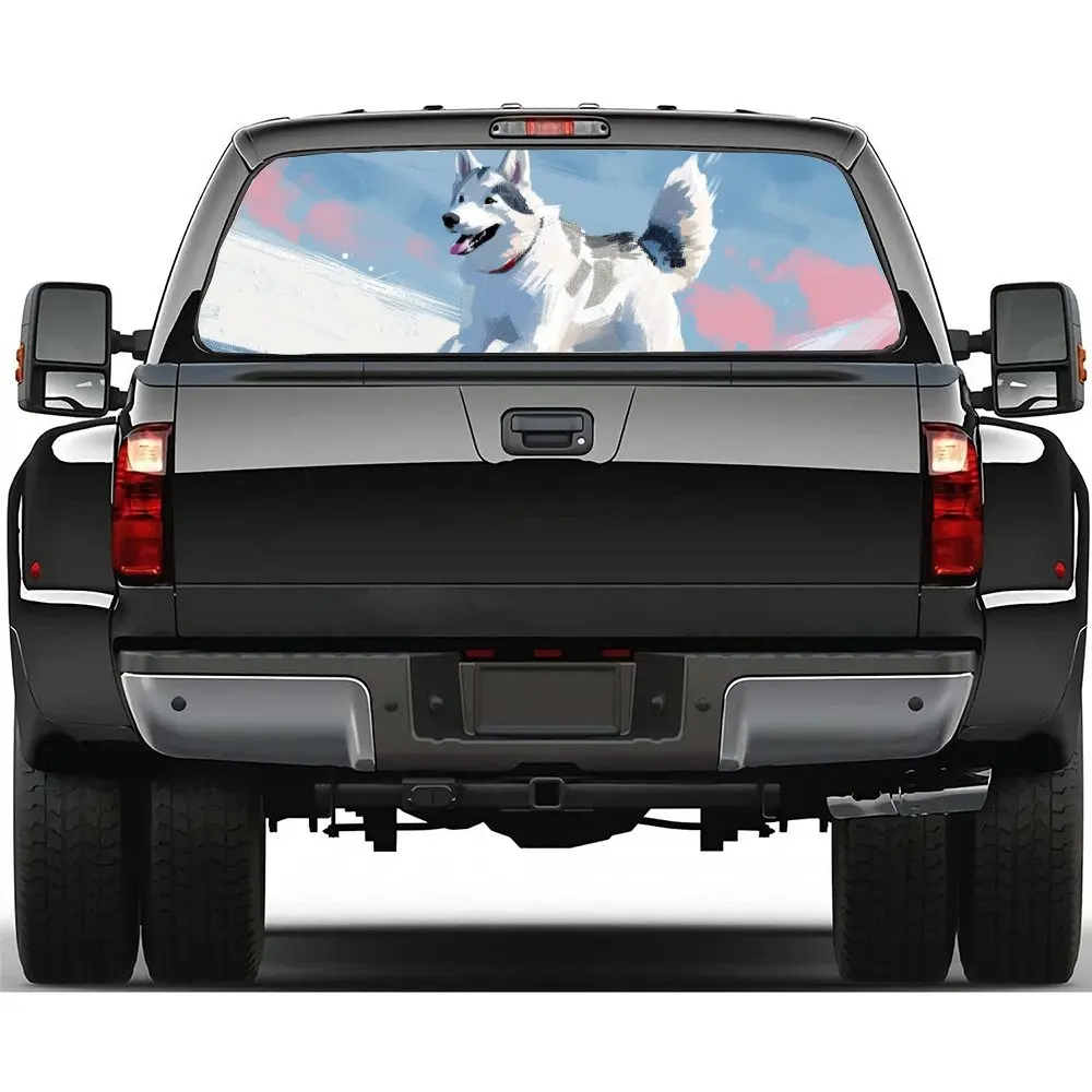 

Happy Running Husky Dog Print Car Rear Windshield Sticker Truck Window See Through Perforated Back Window Vinyl Decal Decoration