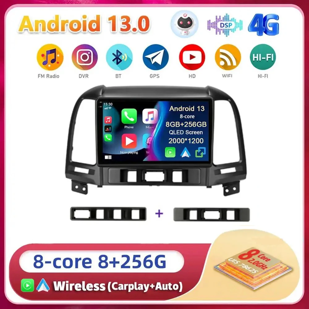 

Автомобильный мультимедийный проигрыватель Android13 Carplay для Hyundai Santa Fe 2 2006 2007 2008 2009 2010 2011 2012 WIFI + 4G 2DIN стерео