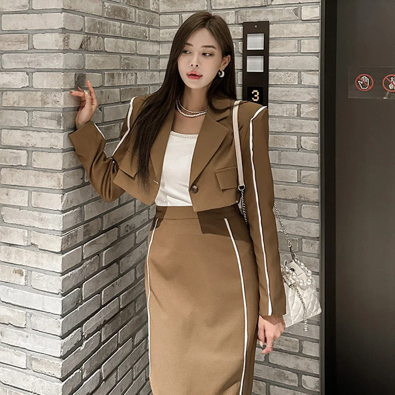 Neue Herbst koreanische Mode Rock setzt Frauen Langarm kurzen Blazer Mantel schlanke lange Röcke zweiteilige Sets ol Anzüge mit Schal