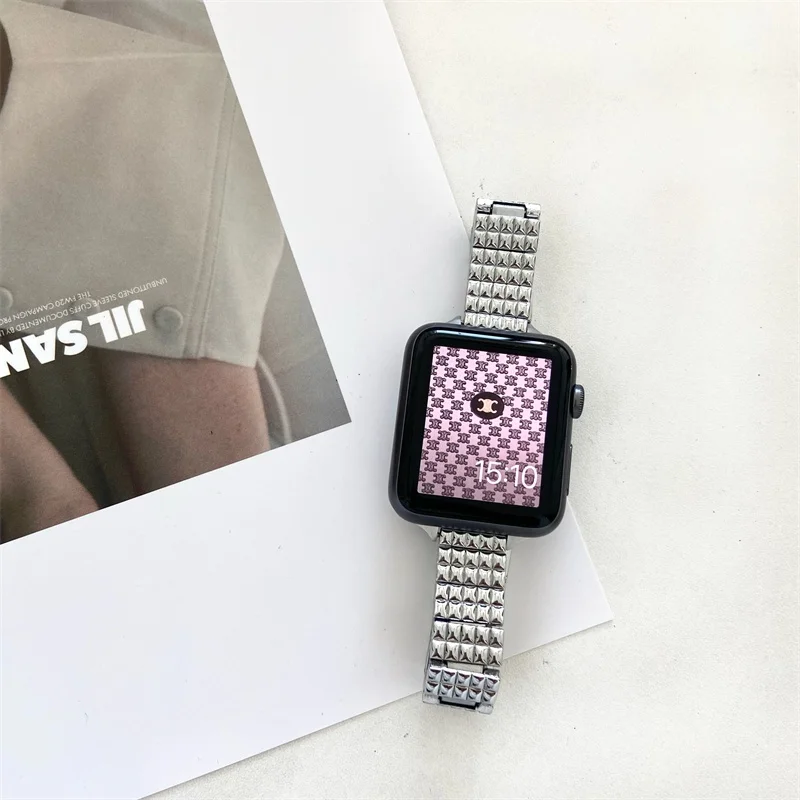 حزام ساعة معدني من الفولاذ المقاوم للصدأ ذو سلسلة ضيقة منقوشة لسلسلة ساعات Apple Watch 7/6/5/4/se/3/2/1