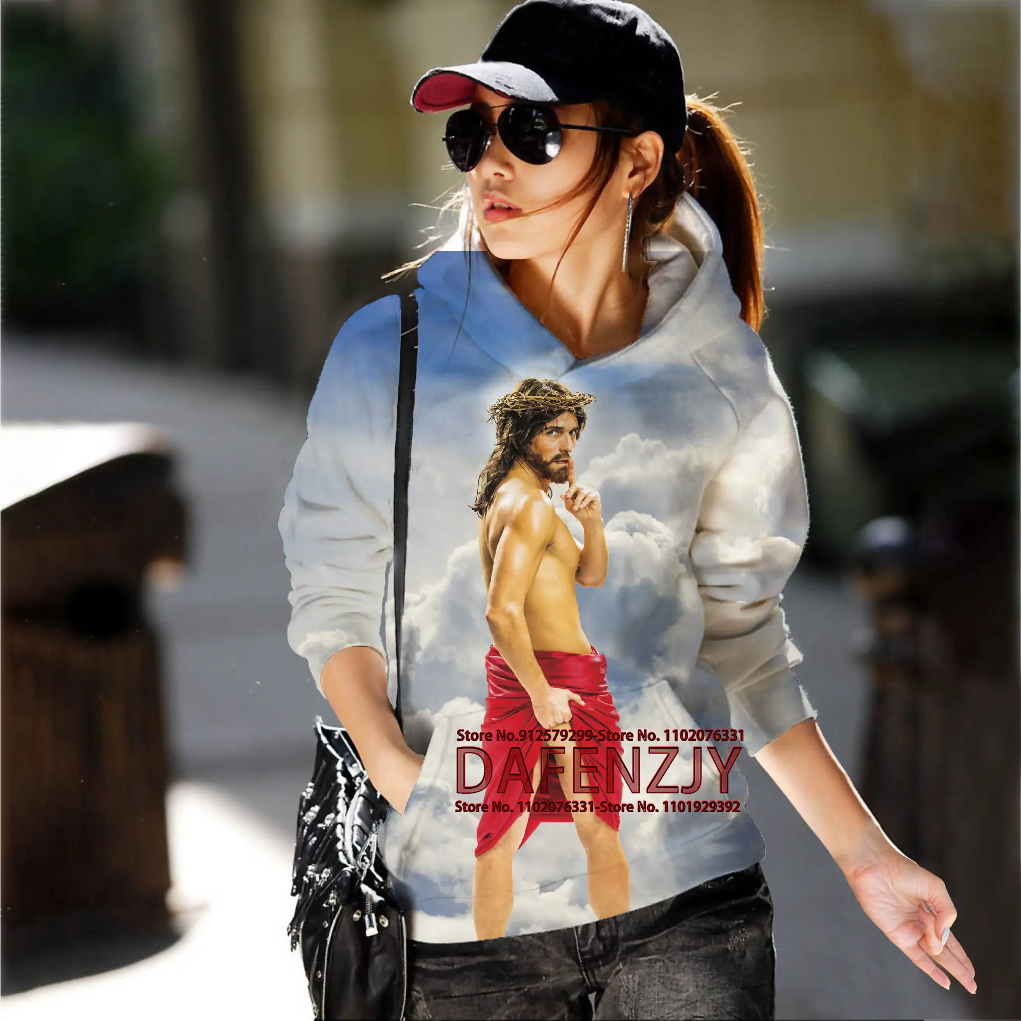 Funny Jesus Casual Loose Hoodies Women Tops Long Sleeve Virgin Mary Hooded Sweatshirt With Pockets Blouse