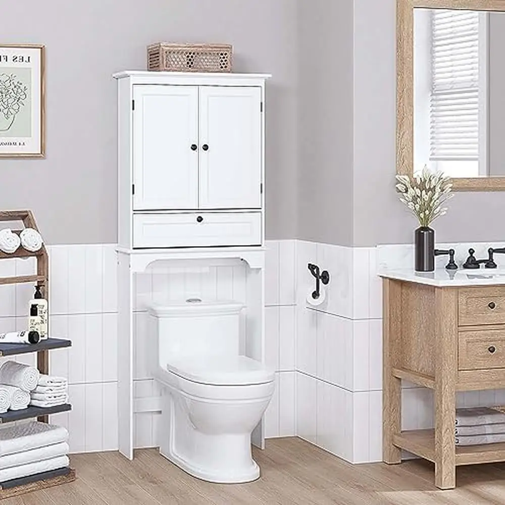 

Bathroom Over Toilet Storage Cabinet with Adjustable Shelves Doors Tilt-out Cube White Modern Design Quality Craftsmanship Space