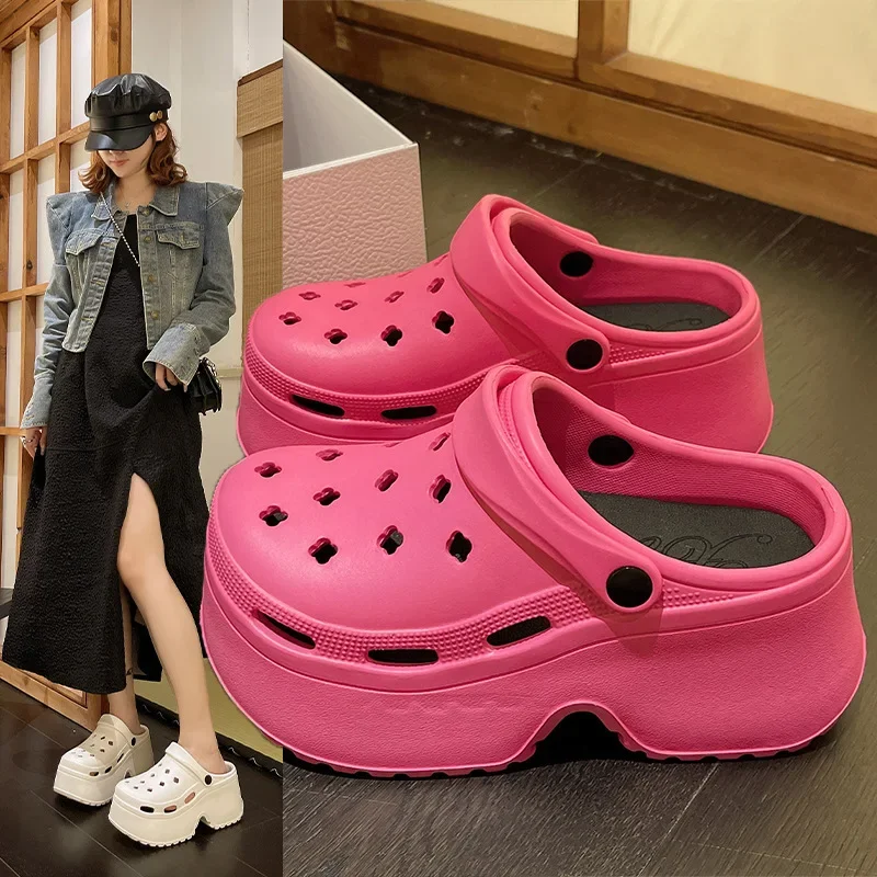 9CM Thick Sole Slippers 2024 Summer Women\'s Hole Shoes Outdoor Wear High Heels Sandals Fashionable Solid Colors EVA Garden Shoes