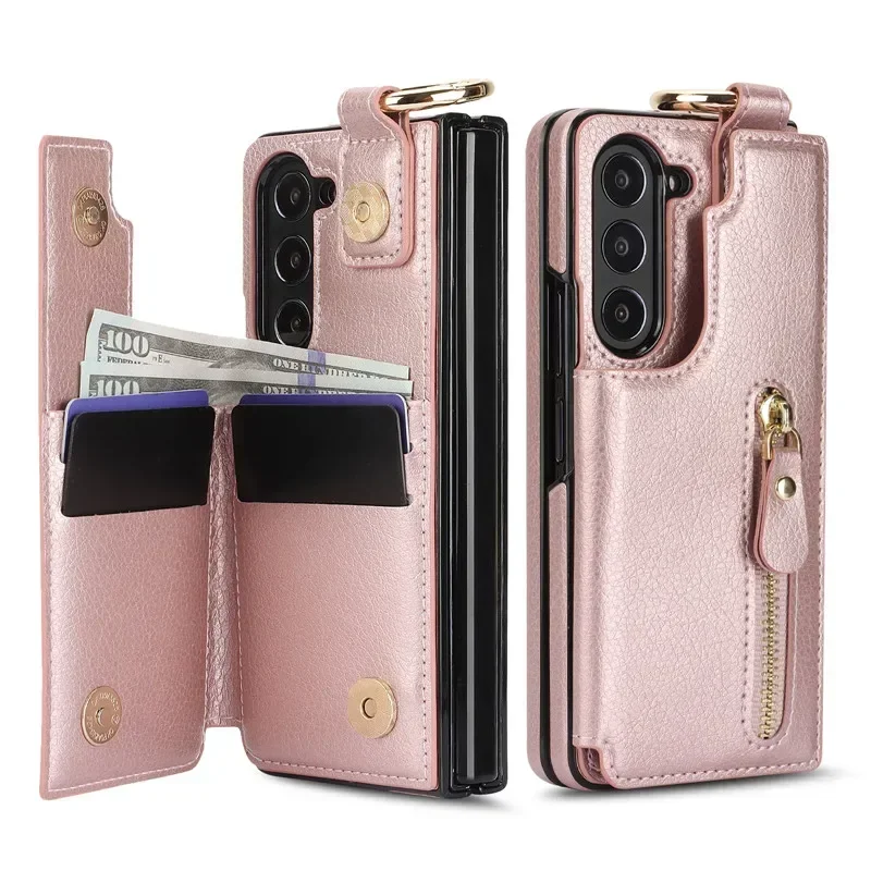 For Samsung Galaxy Z Fold 6 5 4 3 Case Wallet PU Leather Ring Zipper Flip with Card Holder Slot Kickstand Folding Cover Fold5