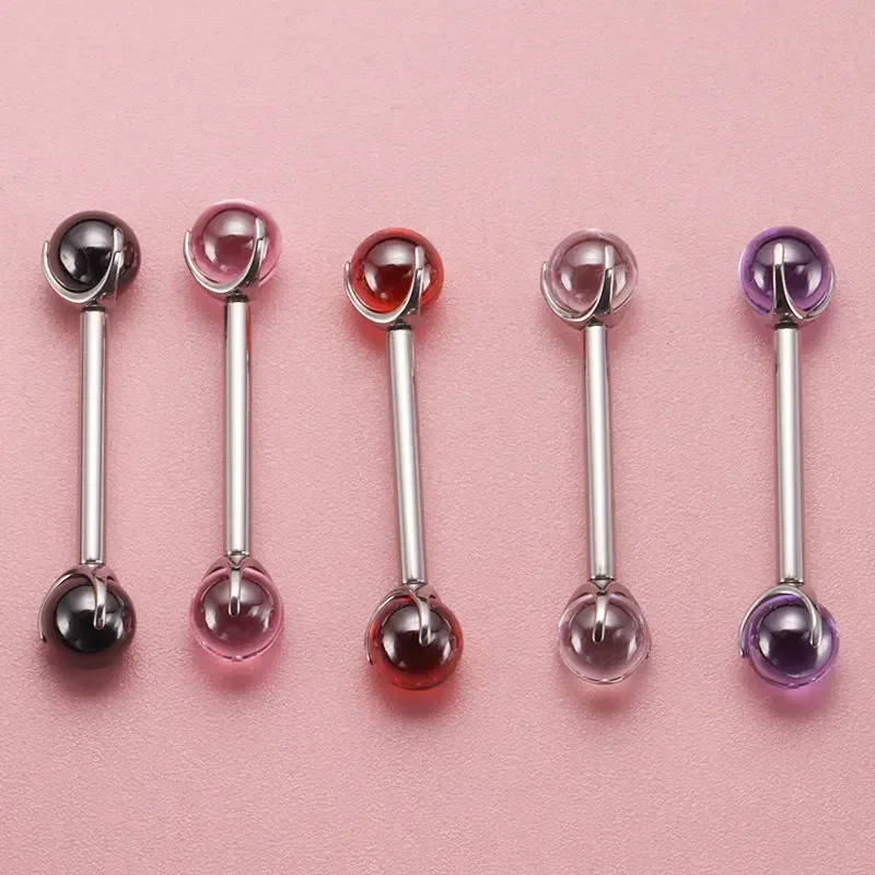 ASTM F136 Titanium Nipple Piercing 14G Internally Threaded Straight Barbell with Crystal Tongue Ring Nipple Industrial Piercing