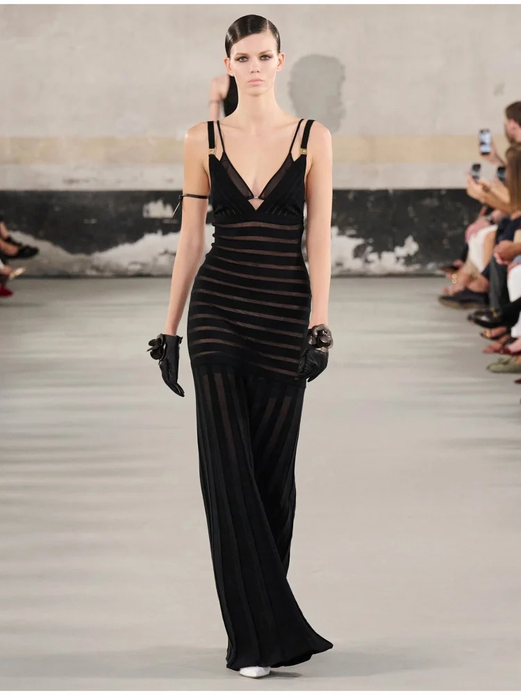 Sexy preto sheer listrado bandage maxi vestido com decote em v profundo 2025 verão oco para fora cinta de espaguete vestidos longos de noite