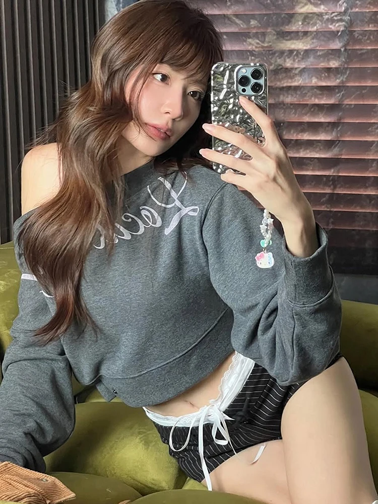 

Женская футболка с буквенным принтом Nibber, повседневная уличная футболка с наклонными плечами и длинными рукавами в стиле хип-хоп, осенние новые трендовые классические укороченные топы