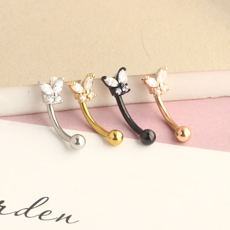 Gold Rook Piercing Jewelry 14K Solid Gold Butterfly Eyebrow Stud Helix Earring Rook Earrings 16G Daith Curved Barbell view 2