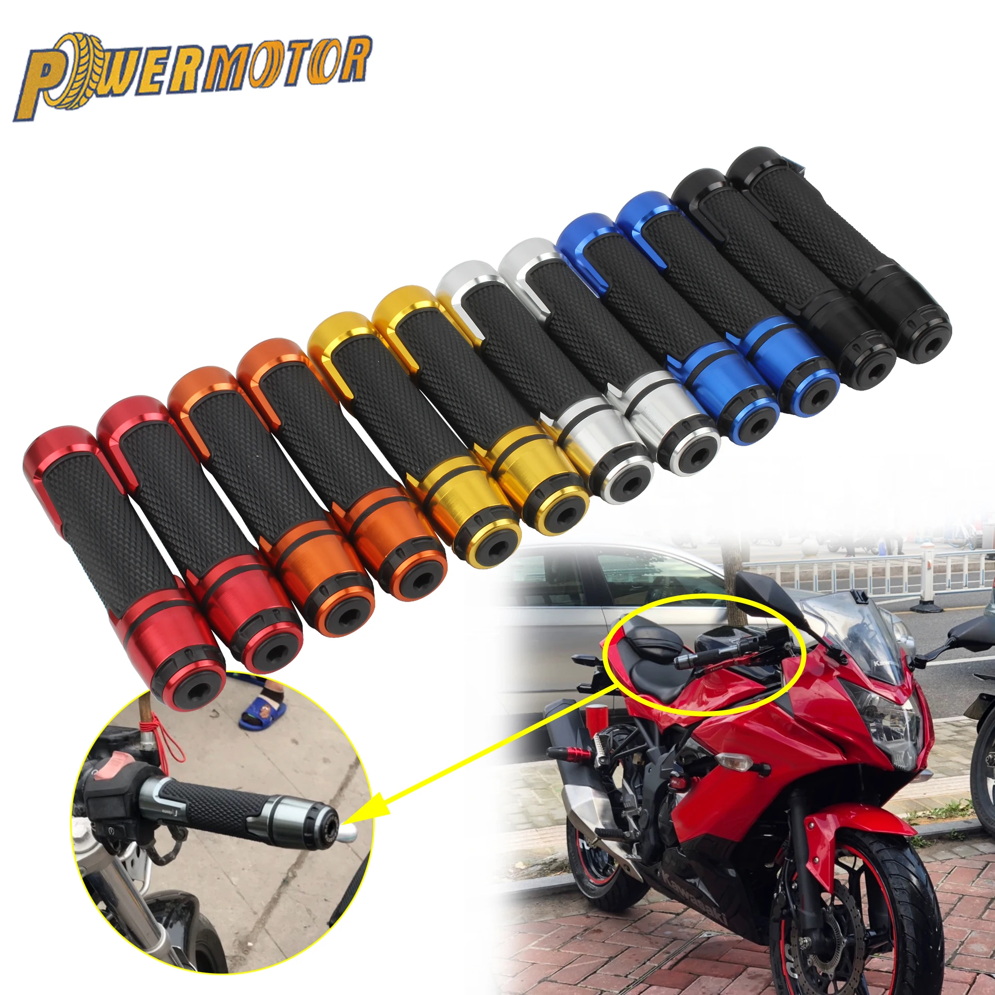 Powermotor 1 Pair 7/8'' Anti-Slip Motorcycle Grips Hand Handlebar Bar Grips Rubber Universal Motorcross Handle Handlebar Grips