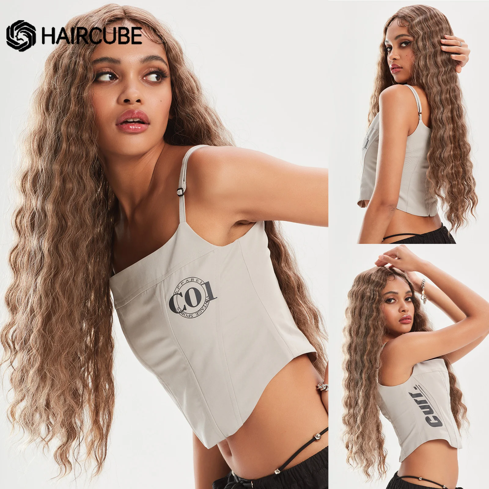 HAIRCUBE Brown Natural Lace Front Synthetic Wigs Long Curly Middle Part Wigs for Women Daily Cosplay Heat Resistant Wigs