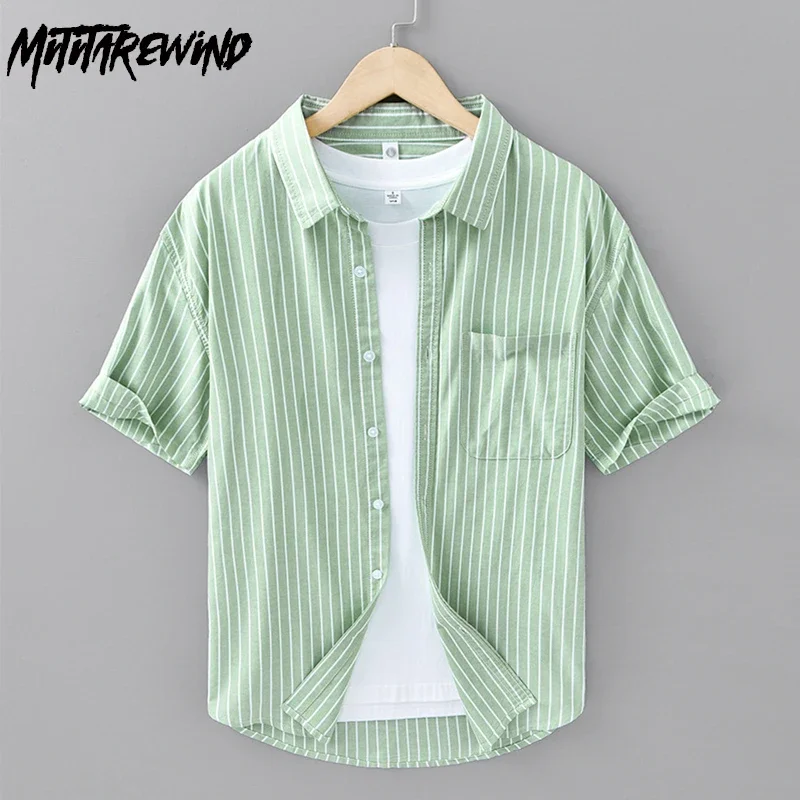 

Summer Green Striped Shirt Men Japanese Casual New Short Sleeve Man Shirts Lapel Pure Cotton Button Up Shirt Comfortable Clothes