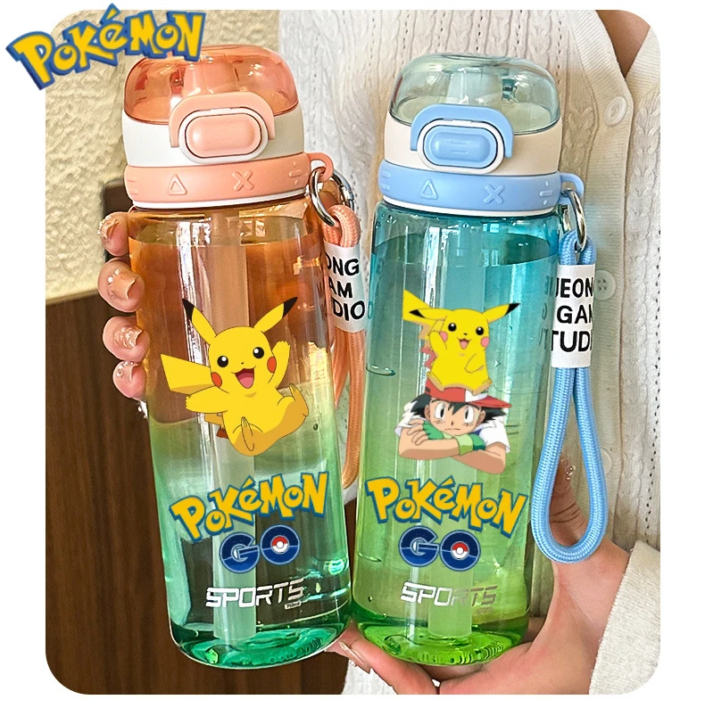 

750ML Pokemon Water Cup Anime Portable Children's Pikachu Gengar Color Gradient Plastic Sports Large Capacity Water Bottle