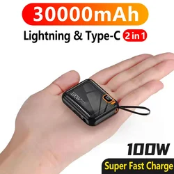 30000mah przenośny Power Bank PD100W odłączany kabel USB do typu C szybkie ładowanie Mini Powerbank dla iPhone Xiaomi Samsung