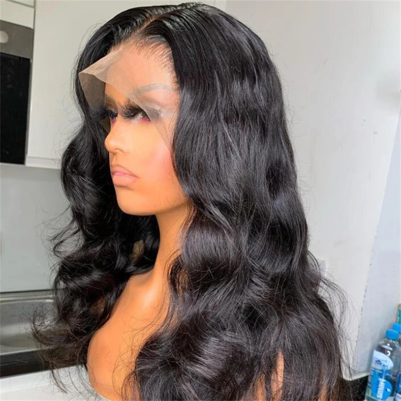 Perruque Lace Front Wig ondulée naturelle noire, 26 pouces, cheveux de bébé, pre-plucked, sans colle, longue et douce, densité 180, à la mode, pour femmes